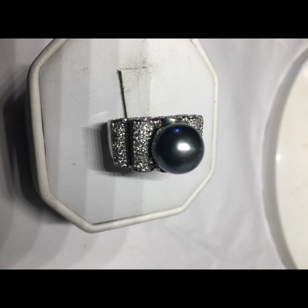 18K gold Tahitian pearl diamonds ring - Picture 2 of 5